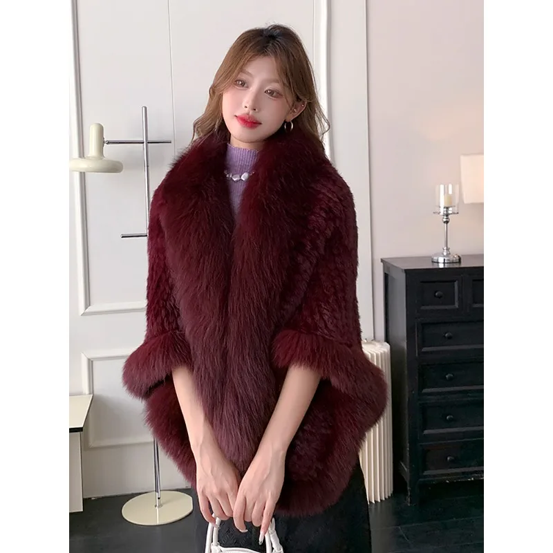 Abrigo de piel de conejo para mujer, chal de piel de conejo, moda cálida para otoño e invierno, temperamento de celebridad, capa con cuello de piel de zorro