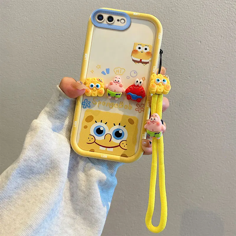 For iPhone 8plus 7 8 6 6s Plus SE 2020 2022 So Cute 3D Cartoon SpongeBob Patrick Star Toy Phone Case Multistep Hand Strap Cover