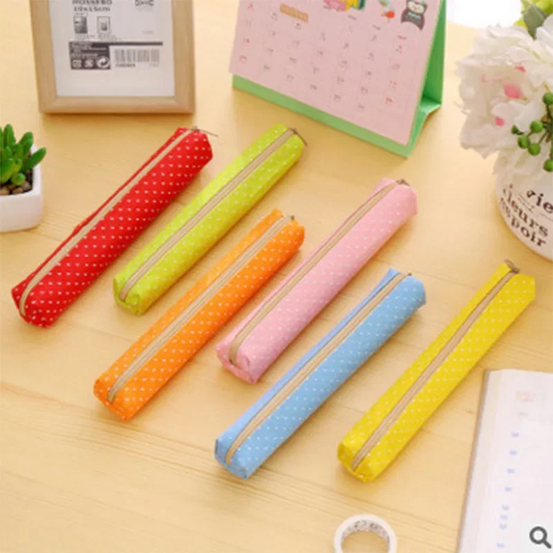 Cute Dots Pattern Pencil Bag Colorful Canvas Dots Pens Organizer Bag Zipper Pencil Case Pen Holder Pouch Portable