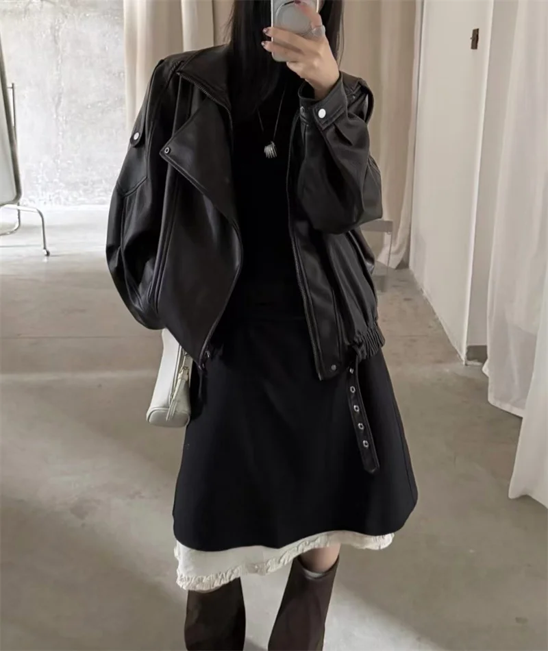 Guobioziy 2026 Fall New Women's Jacket 2026 Fall New Release Loose Faux Leather Biker Jacket Parka European and American Style