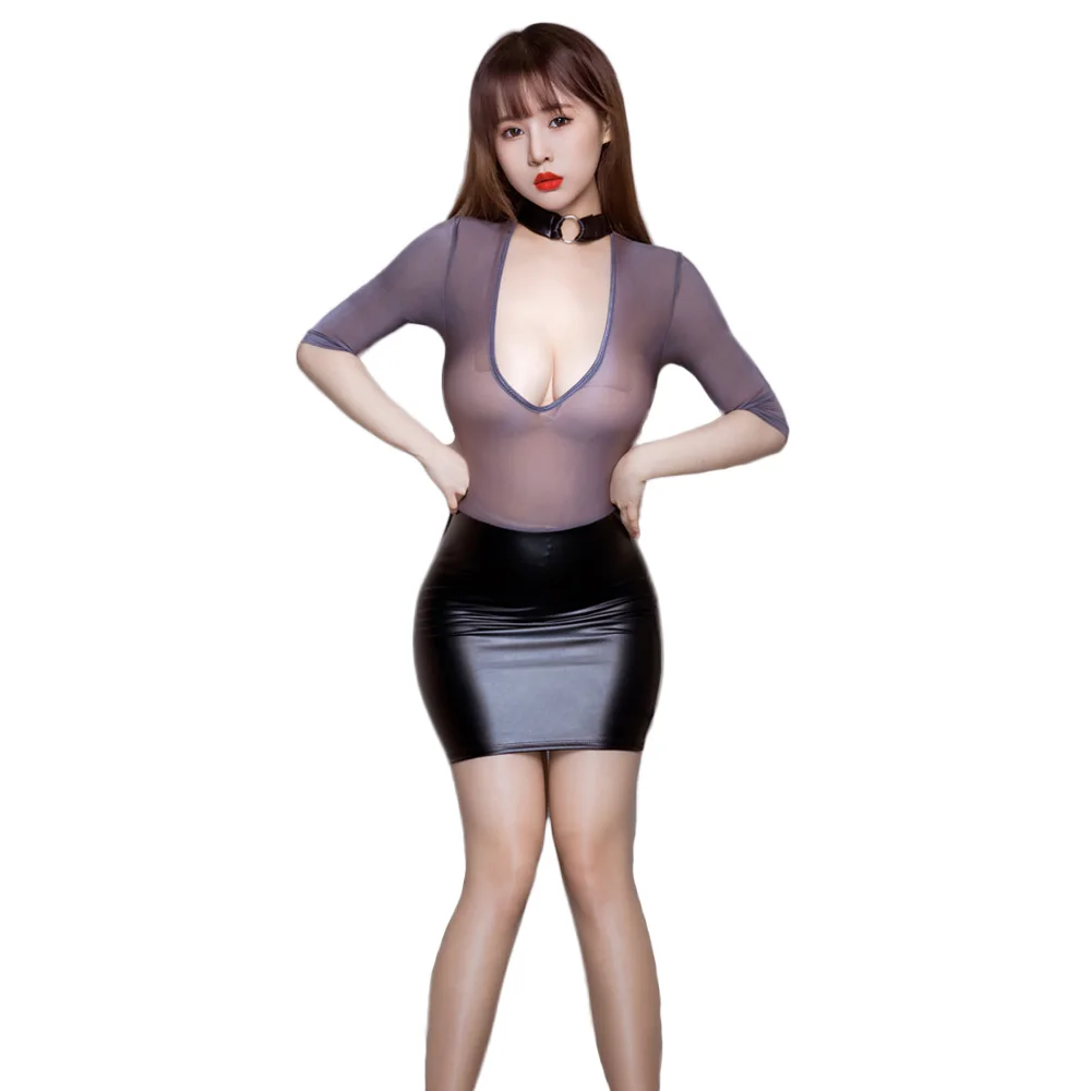 Sexy Women Double Use Micro Mini Dress PU Mesh Patchwork Wrap Hip Tight Dress Sheer See Through Bandage Cute Dress