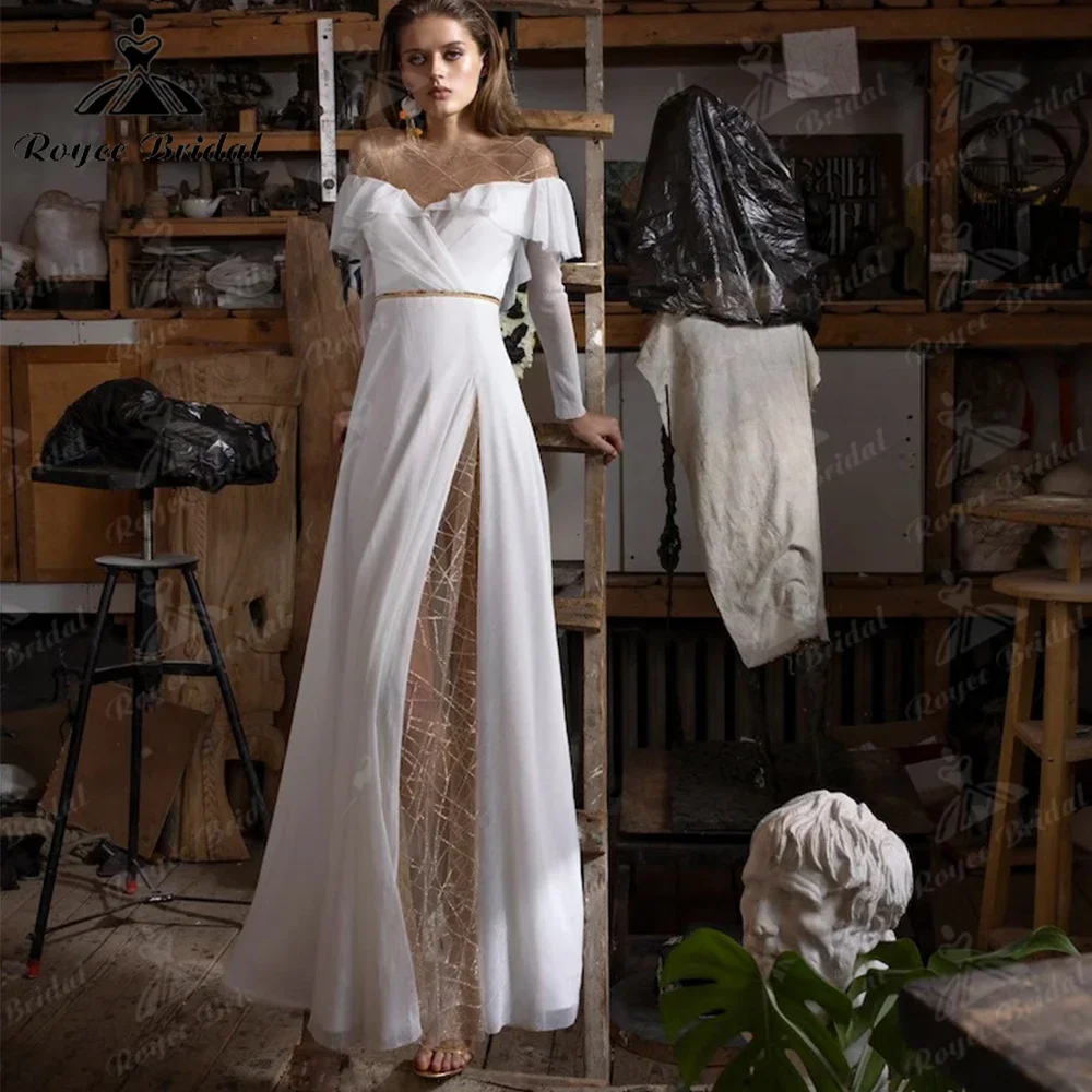 Mesh Embroidered with Beads and Sequins Decorative Belt Sample A-line Wedding Dress Slit Skirt and Long Train Chiffon