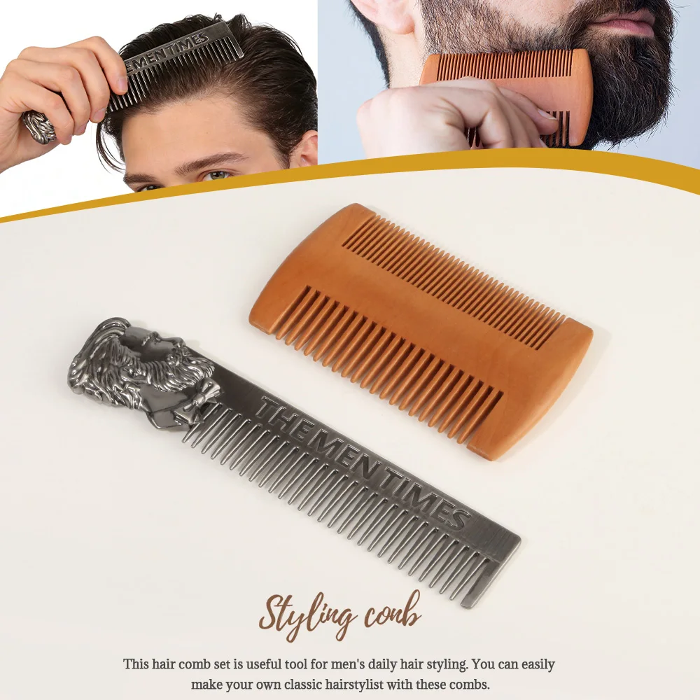 

Men Vintage Beard & Hair Comb Set - Stainless Steel & Wooden Pocket Comb for Slicked Back Hairstyle, Portable Beard Grooming Tool