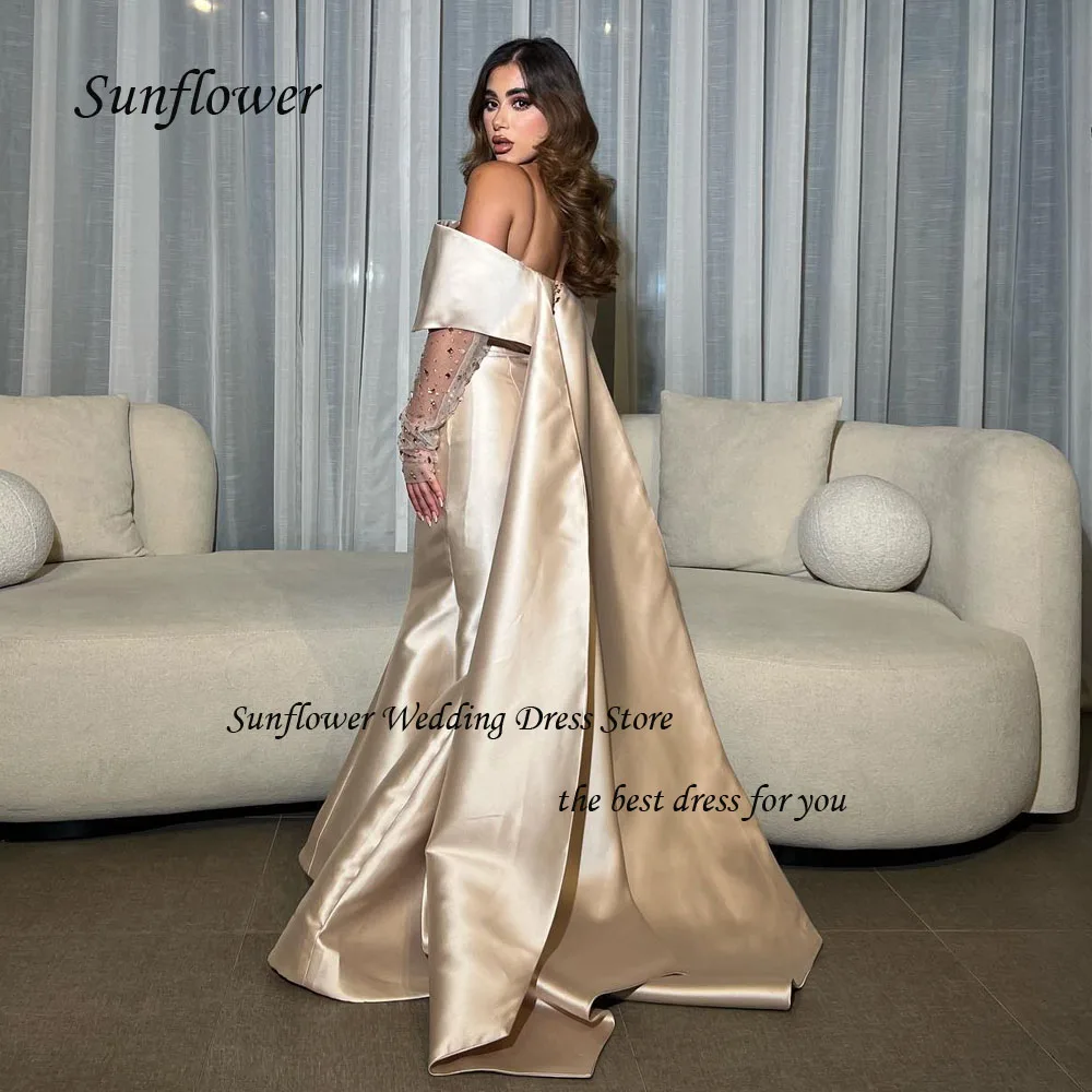 Sunflower Off the Shoulder Evening Dress Saudi Arabia 2023 Slim Satin Mermaid Lace Sleeves Prom dress Floor-Length Party Dress