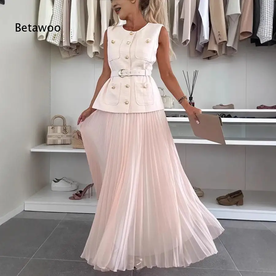 Women Tweed 2 Piece Outfit Sleeveless Button Waistcoat Belt High Waist Pleated Chiffon Maxi Skirt Elegant Set