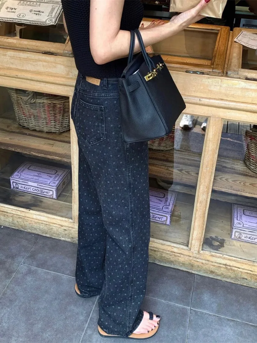 

High Waist Wide Leg Black Polka Dot Retro Straight Cut Long Jeans Women's Spring Fashion High Waist Cotton Denim