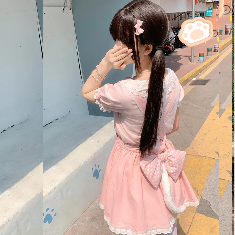 Pink Sweet Cat Print Lolita Crop Top Women Y2k Aesthetic Ruffles Bow O Neck Short Sleeve T-shirt Japanese Kawaii Cute Tees Tops