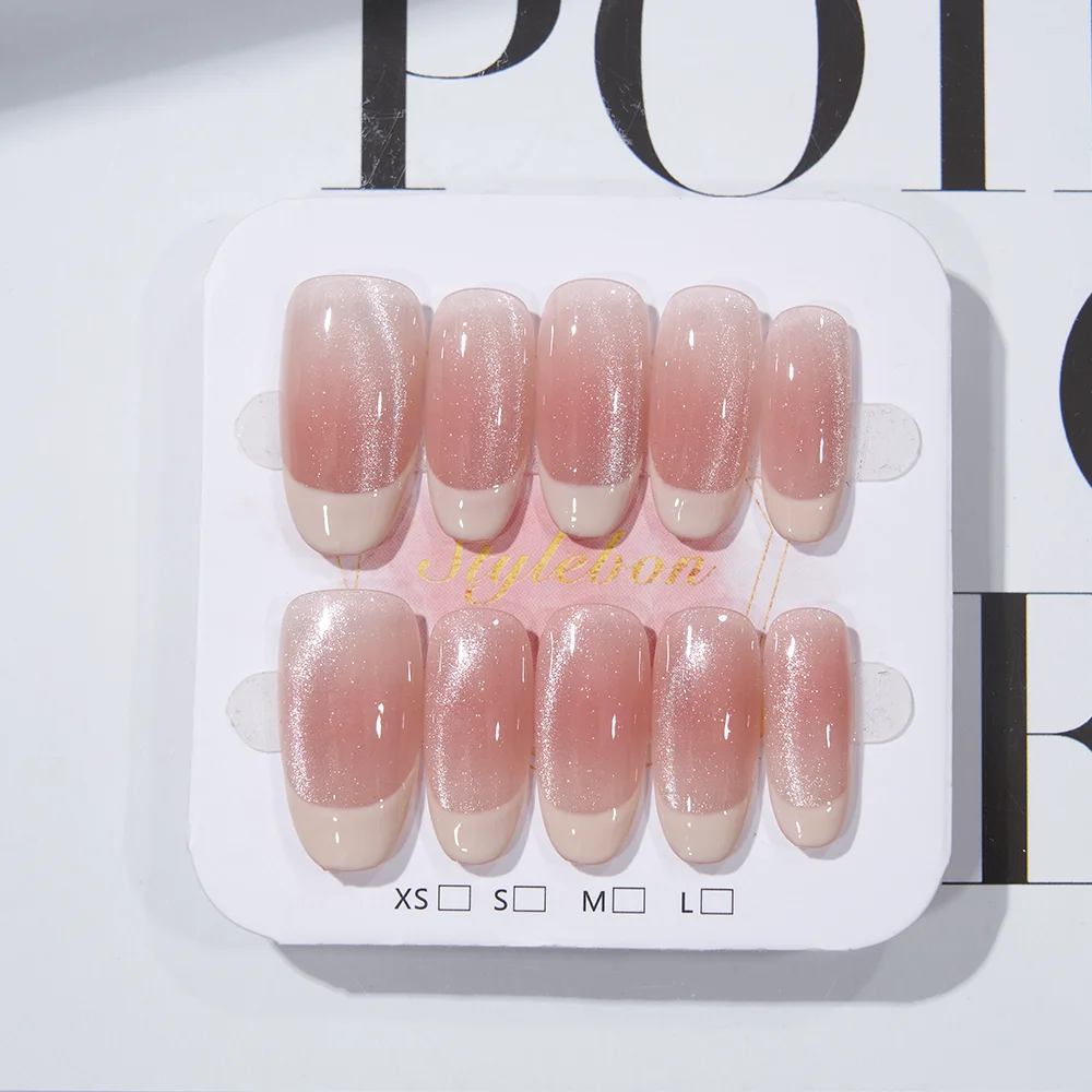 

10pcs Handmade Press on Nails Medium Oval Pink Edge French Cat Eye Flash Full Coverage Nail Pieces for Women&Girl Removable Nail