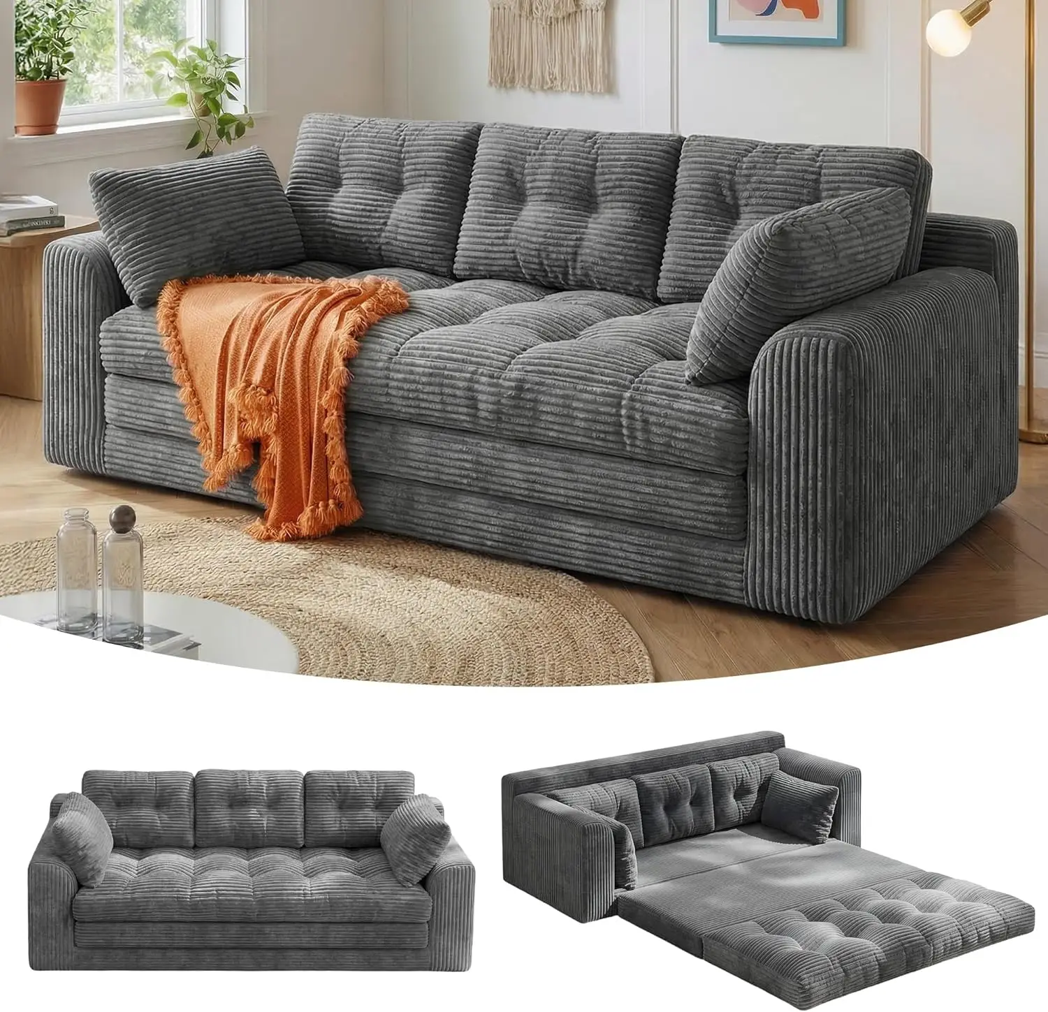 

Foldable 3-Seater Sofa Bed with Cushions, Compact Guest Couch for Small Rooms, Grey