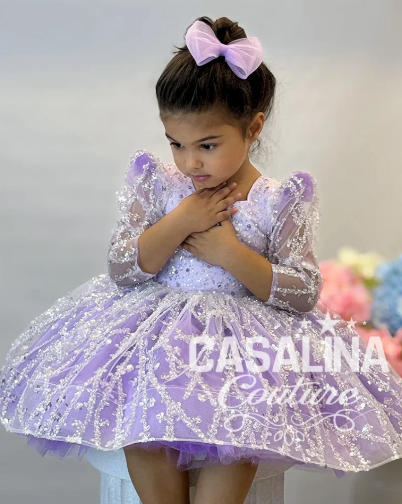 New Lavender Tulle Dress Flower Girl Dresses Square Neck Knee Length Kids Birthday Gowns Girls Baptism Christmas Photoshoot