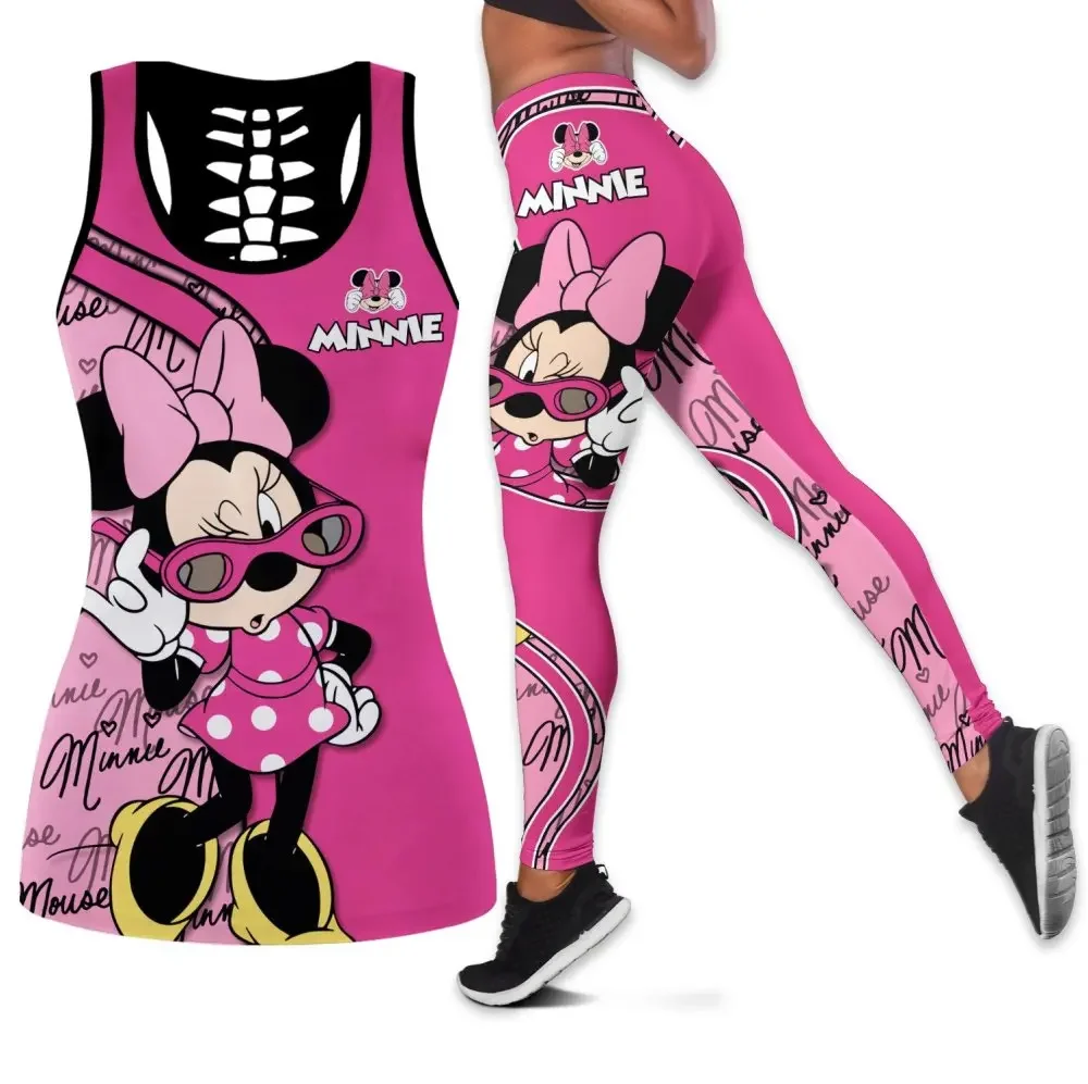 Disney Minnie Mouse Women's Hollow Vest + Women's Leggings Yoga Suit Fitness Leggings Sports Suit Tank Top Legging Set