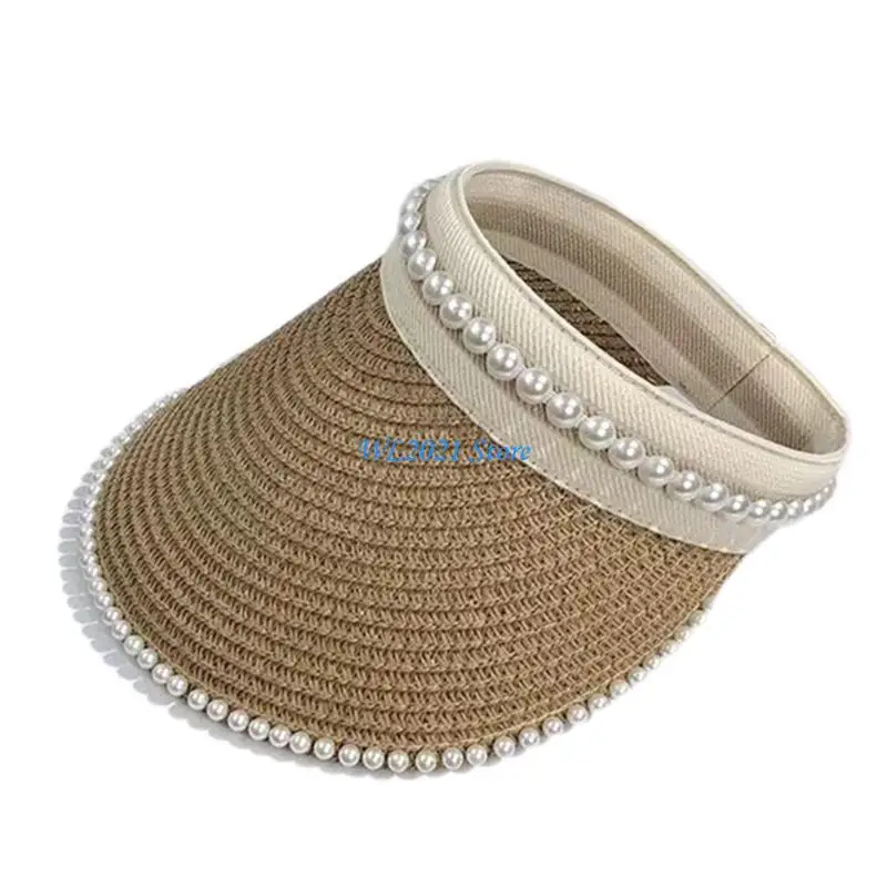 

G5GC Sun Straw Hat Open Top Beads Decor Wide Brim Summer Hat Beach Hat for Girls