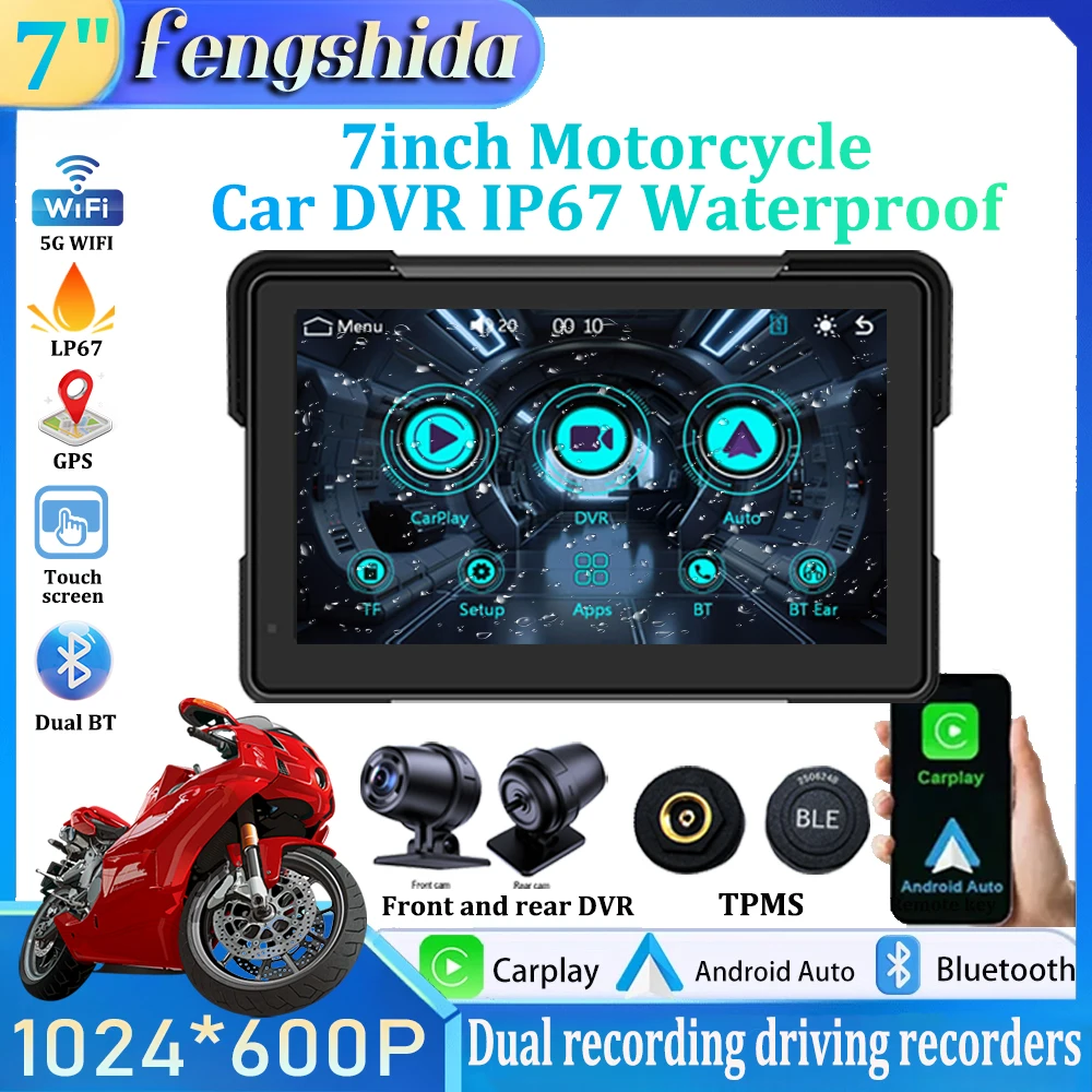 7inch Motorcycle Car DVR IP67 Waterproof Portable GPS Navigation Motorcycle DVR Wireless Carplay Android Auto LCD Display IPX7