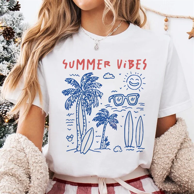 

Летняя пляжная женская футболка с модным рисунком и принтом Vibes, повседневный летний топ с круглым вырезом, женская новая модная одежда, футболка