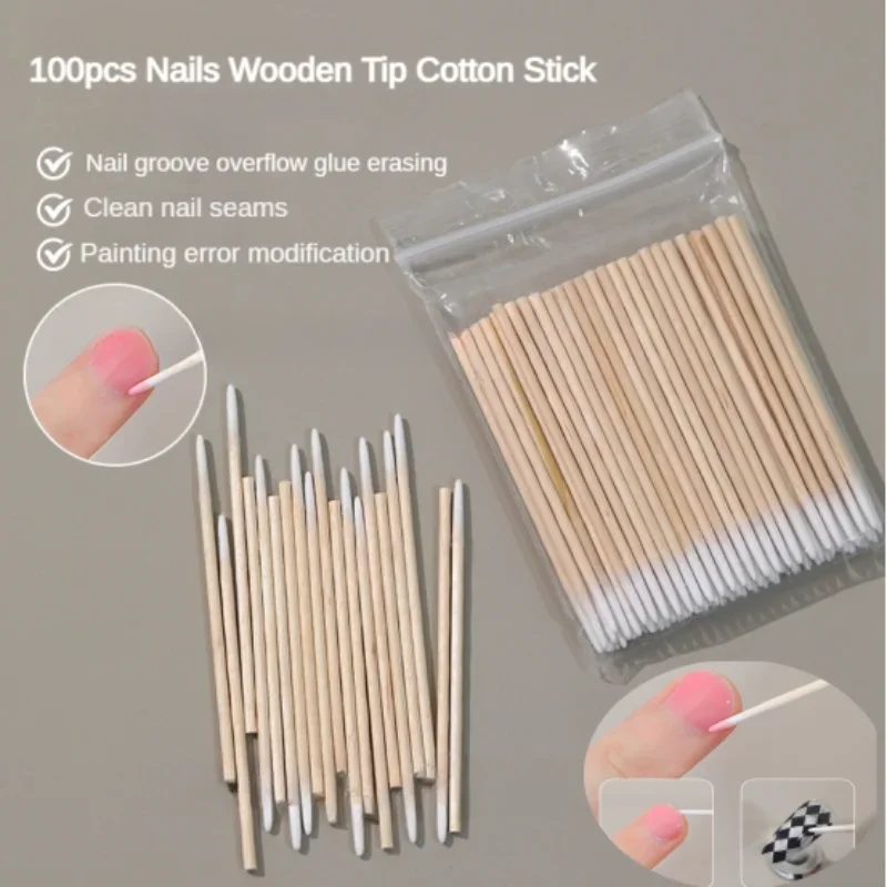 100/300 Pcs Nails Wooden Tip Cotton Stick Buds Disposable Ultra-Detail Corrector Nail Polish Remover Clean Sticks Manicure Tools