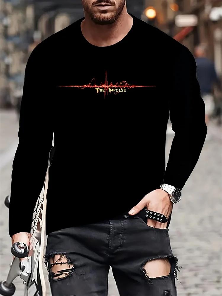 Men's The Impulse Long Sleeve T-Shirt Red Pulse Heartbeat Graphic Tee Black Streetwear Casual Pullover Tops Gift Hot New Fashion