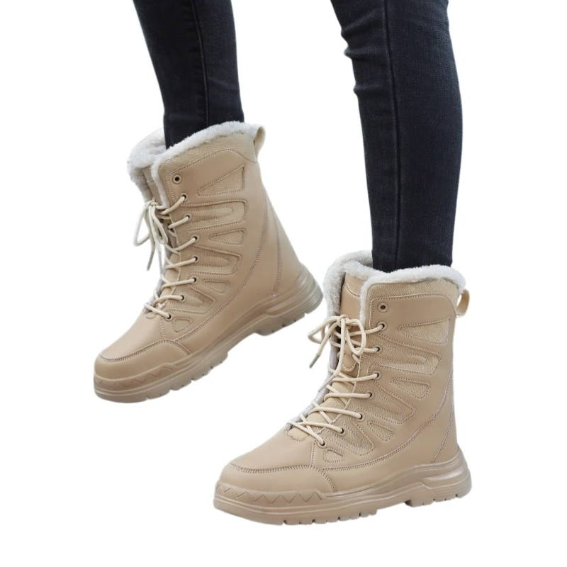 Women High‑Top Winter Hiking Boots Plush Outdoor Walking Snow Boots Thick Sole Non‑Slip Warm Mid‑Calf Cotton Shoes