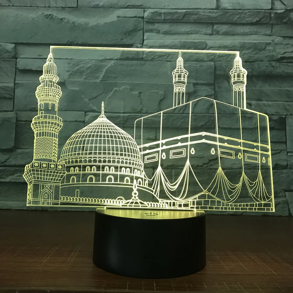 Acrylic Mosque Night Light for Home Room Decor 7 Color Changing Led Nightlight Bedroom Bedside Table Lamp Muslim Ramadan Gift