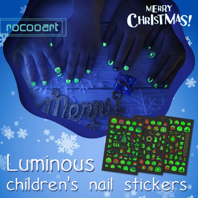 Rocooart-diseños luminosos de Navidad, tema navideño, Papá Noel, muñeco de nieve, pegatinas para arte de uñas, envolturas artesanales DIY, calcomanía para uñas de Año Nuevo, regalo