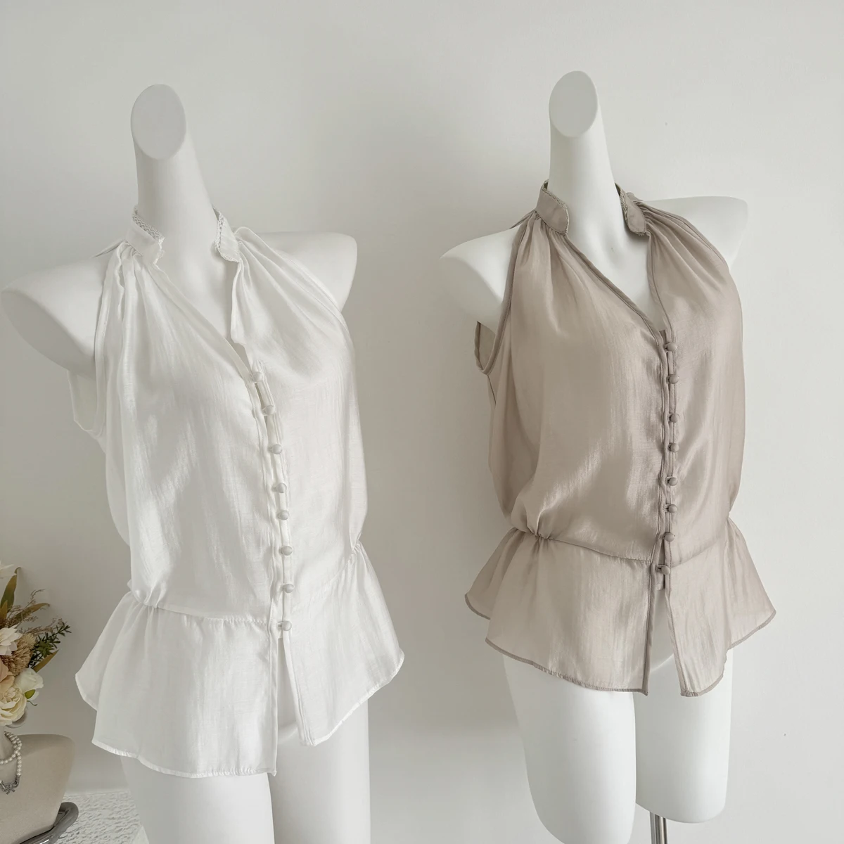 Acetate Lyocell Sleeveless Mid-Sleeve Shirt for Women Sash Seven-Foot Sleeve Woman Open Shirt Shirring V-neck Splicing Button