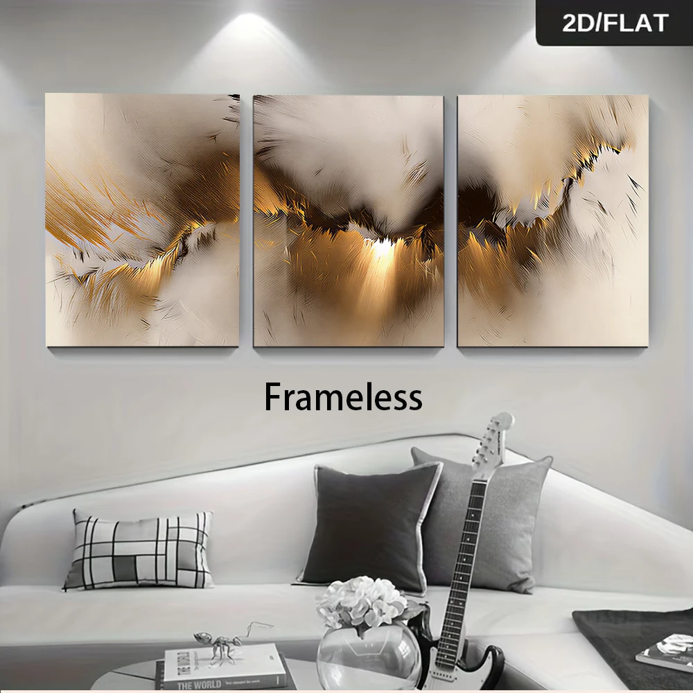 3PCS Frameless,1 set of abstract gold brown light luxury style frameless modern minimalist living room triple decoration paintin
