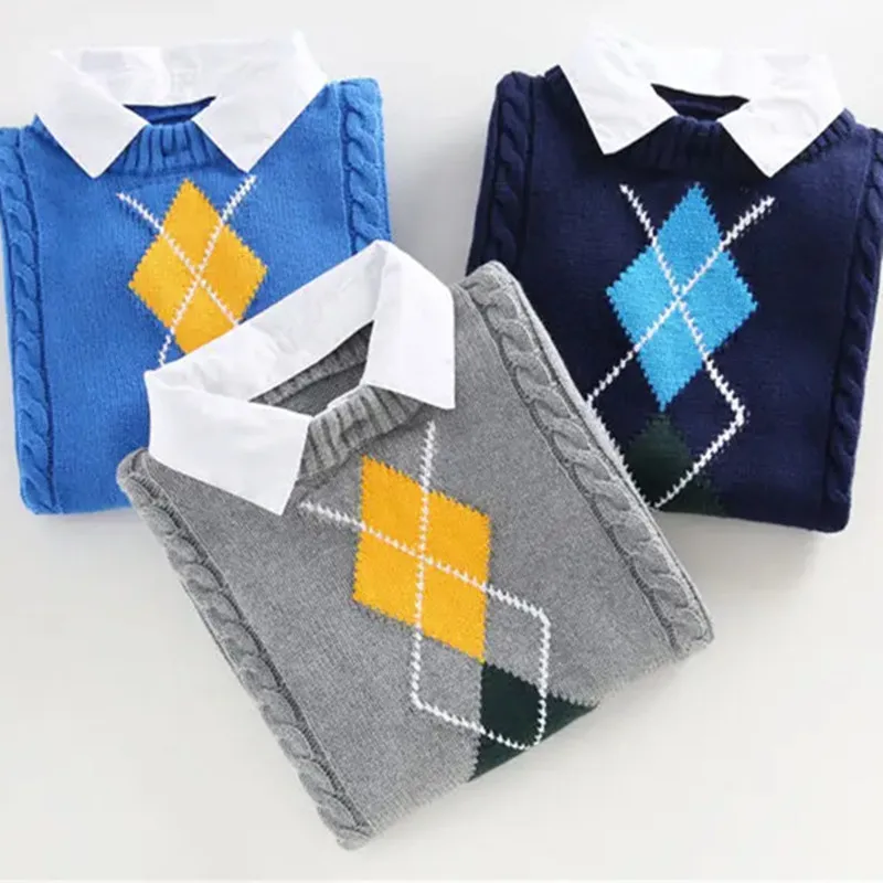 Kids Boys Sweater School Uniform Autumn Winter Knitted Cotton Children\'s Pullovers For Teenager Age 5-15 Years Outerwear Coat