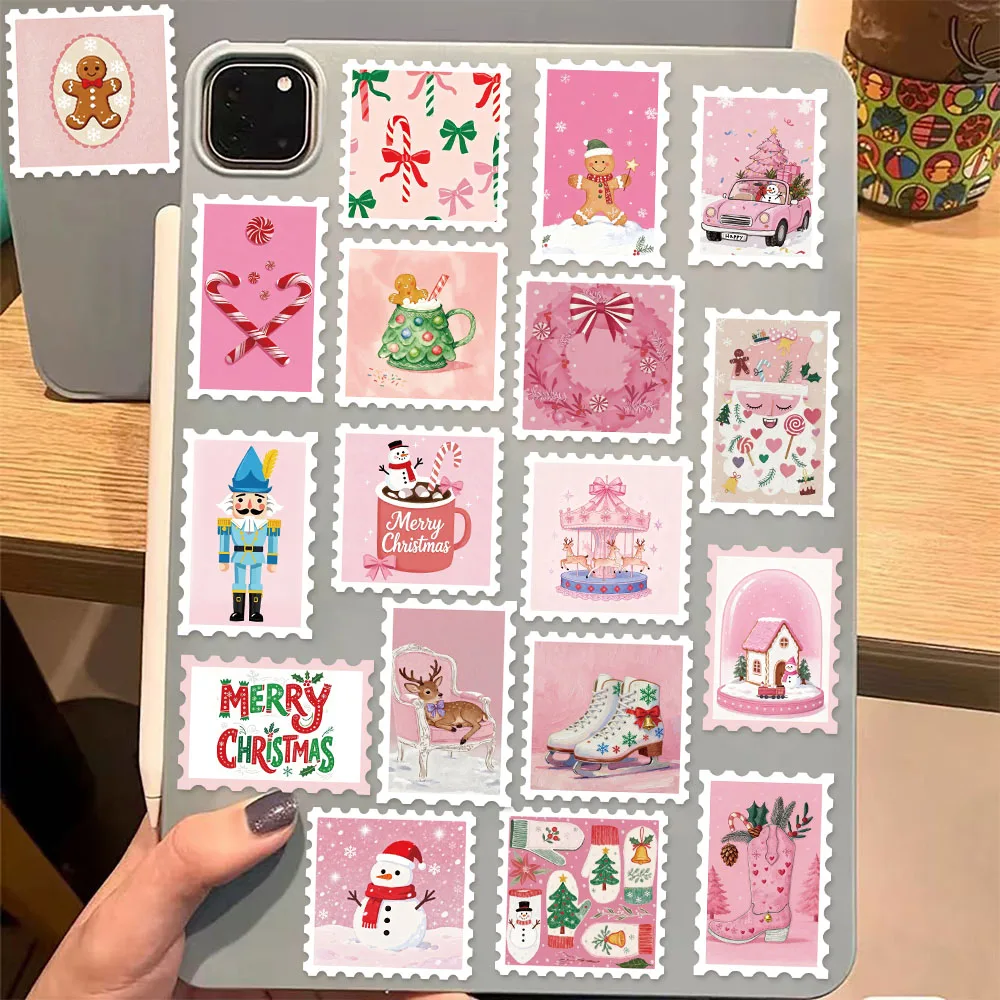 50PCS Pink Christmas Stamp Fun Sticker Set DIY Booklet Scrap Book Decorative Notebook Water Cup Christmas Label Stickers