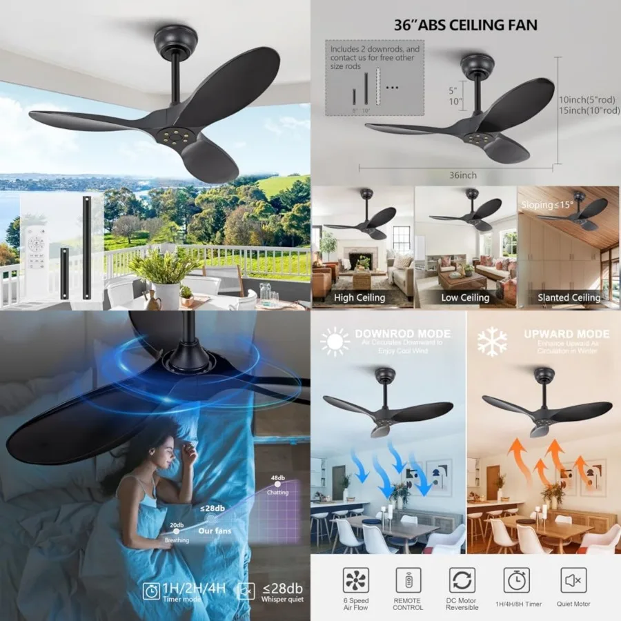 Ceiling Fan without Light, 6 Speeds, Reversible Silent DC motor, 3 ABS Blades, Modern Ceilg Fan No Light, Ceilg Fan with Remote