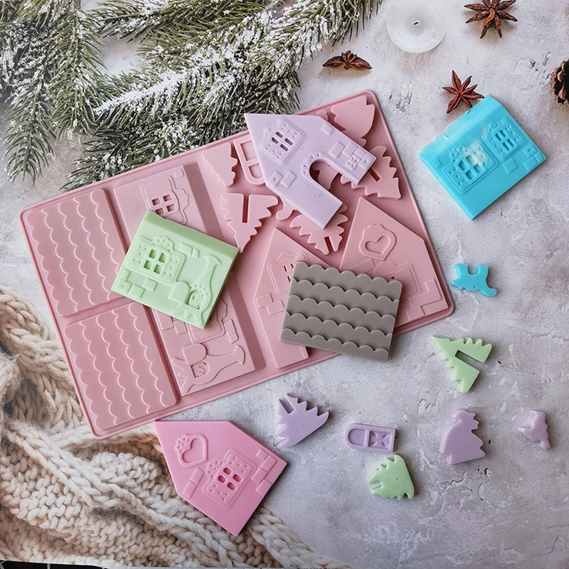 1Pc Building block Christmas House Chocolate Mold Silicone Mould Gingerbread House Cookie Mold Cake Fudge Christmas Decoration