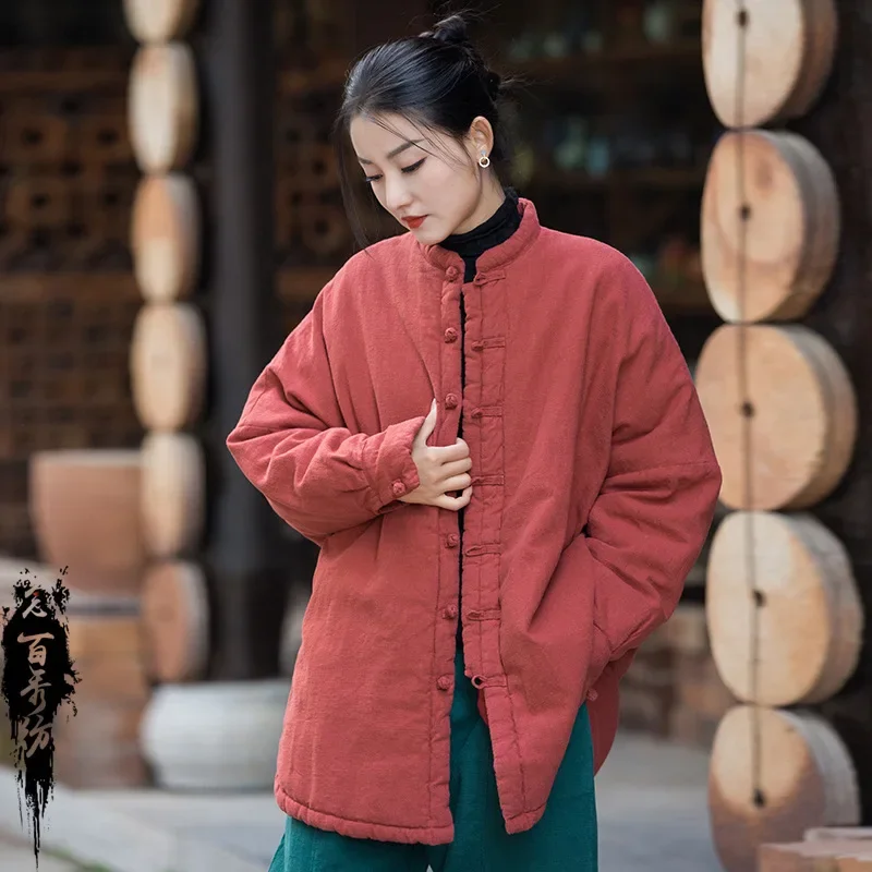 Vintage Warm Winter Women Cotton Coat Parka Solid Linen Button Ethnic Style Korean Jacket Long Sleeve Stand Collar Women Clothes