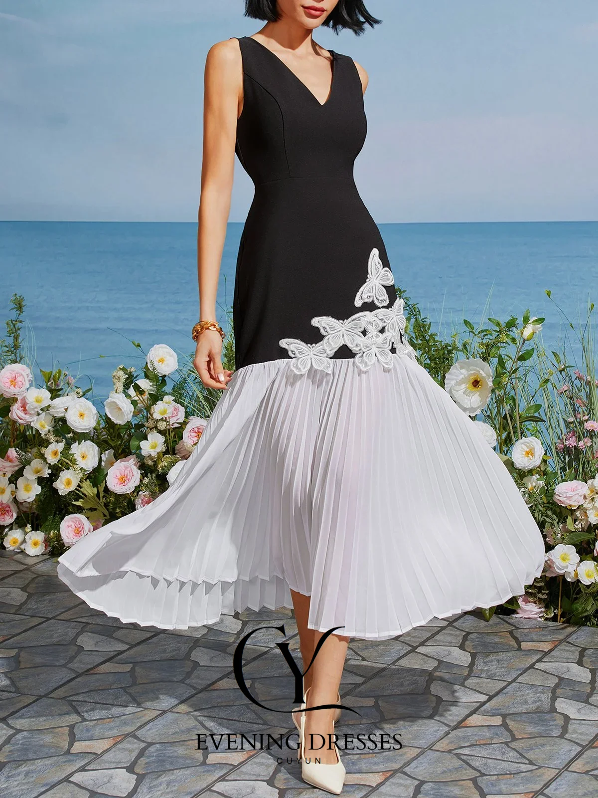 CUYUN 2025 فساتين لحضور الحفلات الموسيقية بحورية البحر على شكل حرف v مزينة على شكل فراشة فستان صيفي أنيق للنساء فساتين سهرة مخصصة للحفلات