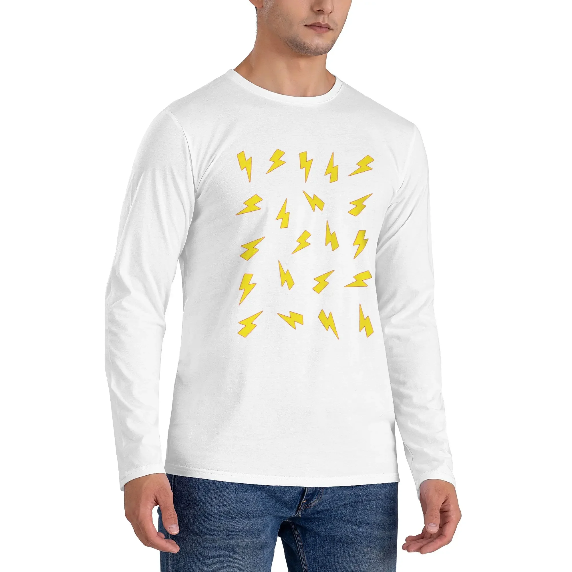 

Yellow Lightning Bolts on Red Thunder Bolt Pattern Men's Long Sleeved T-shirt Round Neck T shirts Spring and Autumn Men tops