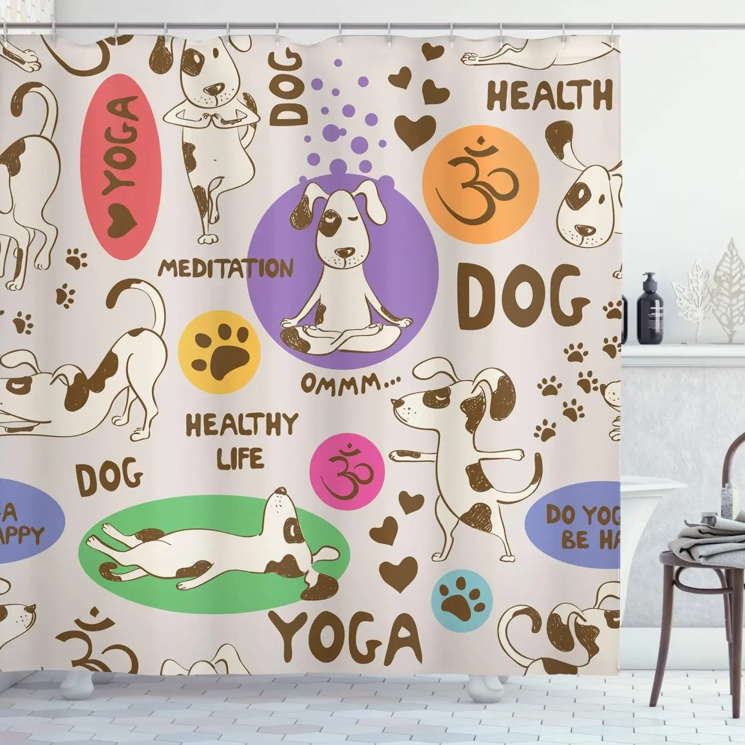 Funny Dog Shower Curtains Cute Cartoon Animal Paw Print Bones Children Bathroom Decor Polyester Fabric with Hooks Bathtub Screen