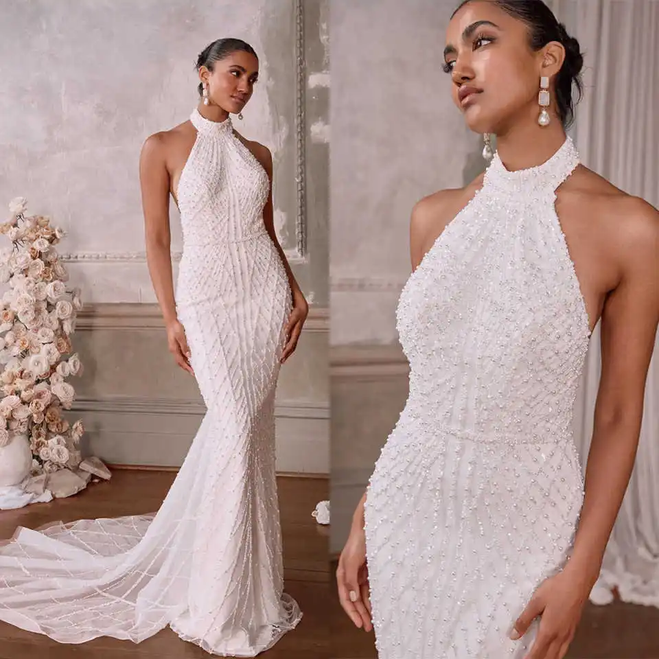 

Illusion Wedding Dresses Mermaid Halter Pearls Backless Sleeveless Floor-Length Bride Wedding Dresses Robe de mariée Customized