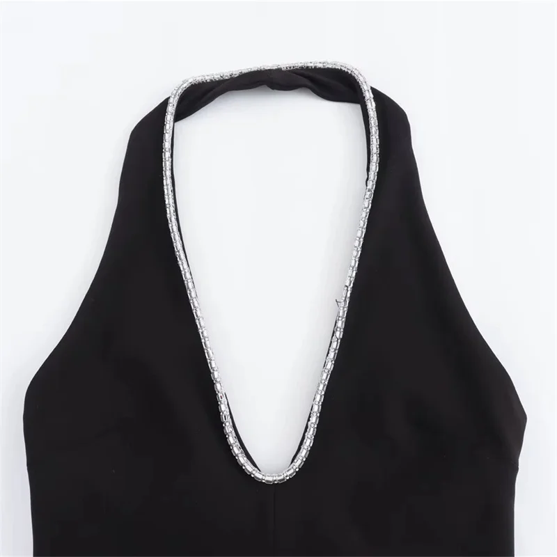 TRAF strass Halter Mini abito donna Off spalla nero bianco abiti corti per le donne abiti da sera Sexy estivi