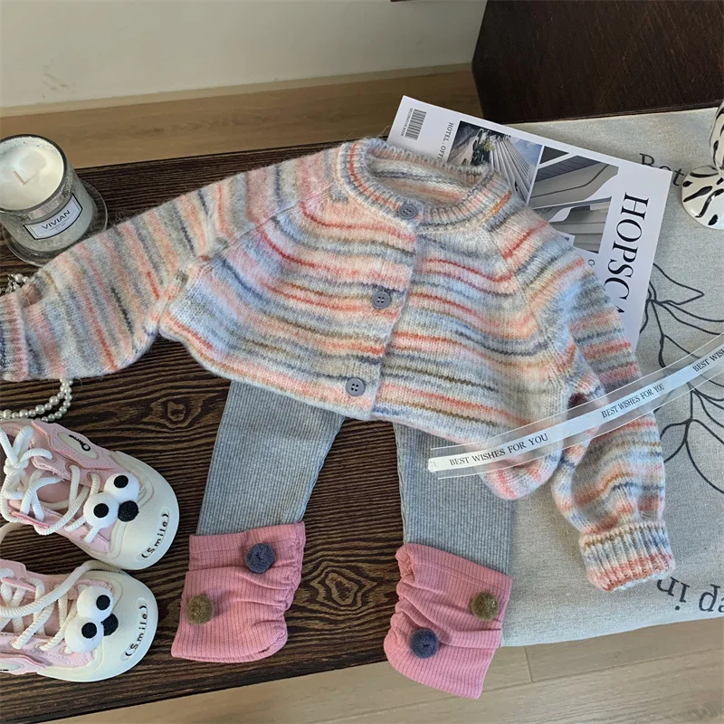 Spring Autumn Kids Girls 2PCS Clothes Set Rainbow Striped Knitted Sweaters Spliced Ball Underpants Suit Children Girls Outfits