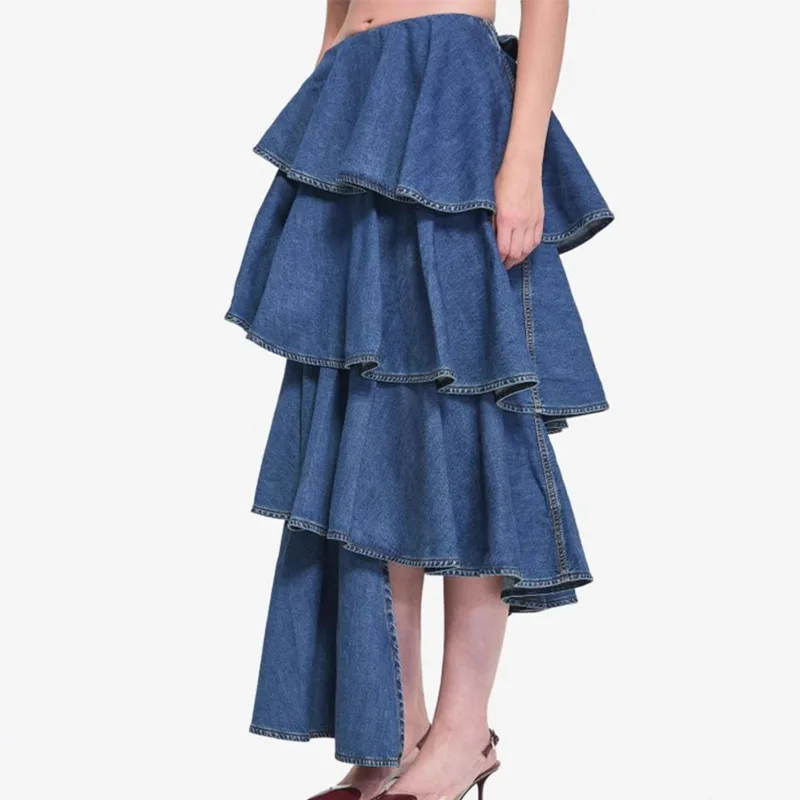 EAEOVNI luxe bleu Denim jupe pour femmes plis volants Patchwork conception asymétrique une ligne jupes longues Streetwear 2025 nouveau