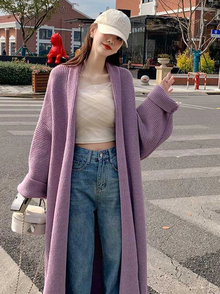 Solid Laziness Knitted Sweater Long Cardigan Women Autumn Full Sleeve Open Stitch Loose Coats Birthday Jacket Outwear Streetwear