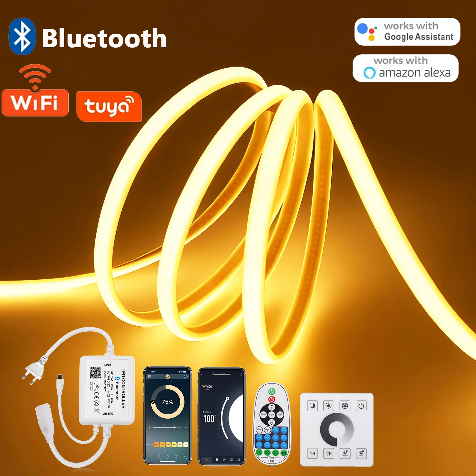 220V Dimmable LED Neon Strip Light WIFI Bluetooth 23key Remote Wall Touch Power Kit Waterproof 288LEDs Flexible Lamp Home Decor