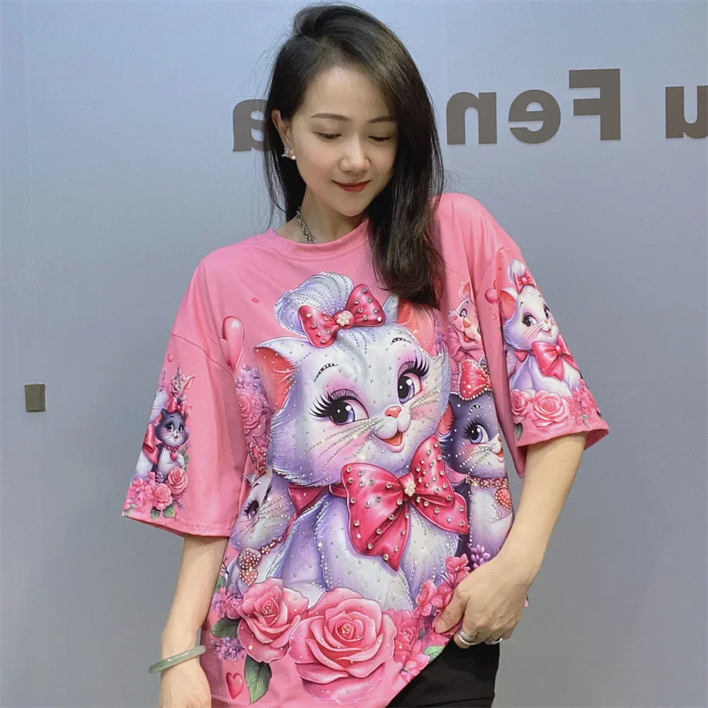 Camiseta de manga corta con cuello redondo para mujer, Tops de verano con estampado de gato, camiseta informal de moda con cuentas de media manga, camiseta de gran tamaño, ropa Kawaii