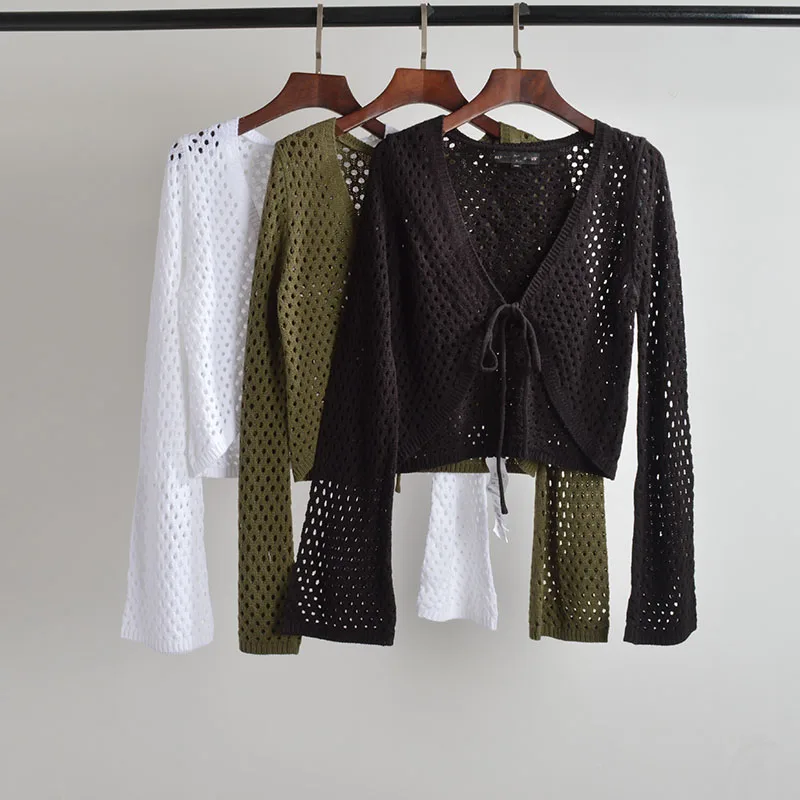

Spring Autumn Versatile Hollow out Knitted Long Sve Sun Protection Open Cardigan awl Women's Outerwear Cover up Jaet