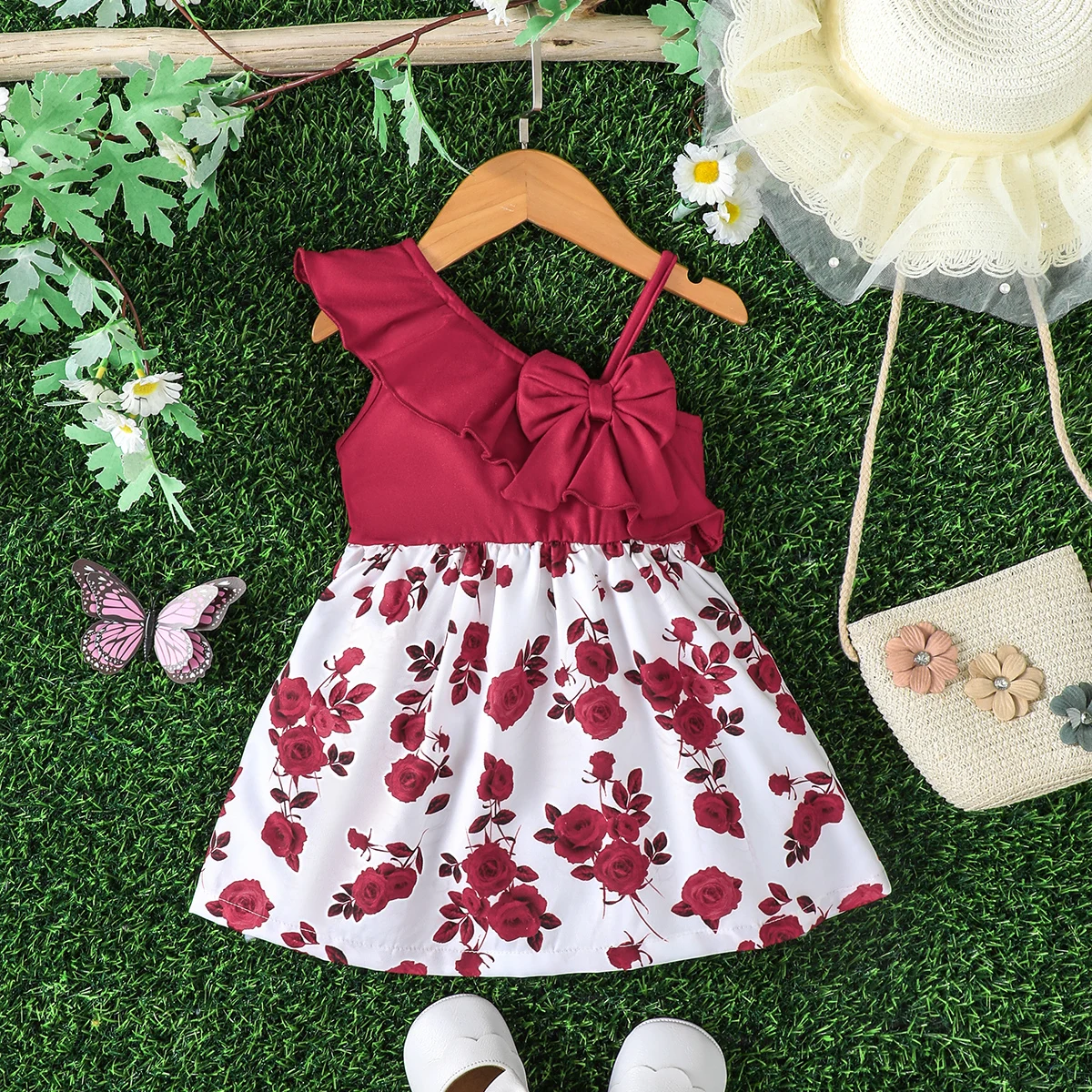 Babykleidung für Mädchen, gerüschte Kanten und schräge Schultergurte, modisches Kleid für 0–3 Jahre alte Babys, Sommer-Partykleid