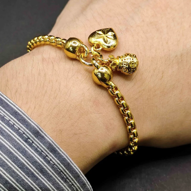 Luxury 100% Real 24K Gold Heart Dragon Bone Chain Bracelet for Women Light Luxury High End Versatile Jewelry