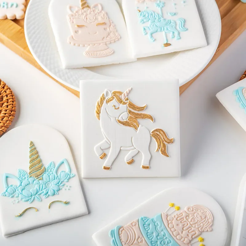 Cute Unicorn Birthday Cookie Plunger Cutters Fondant Cake Mold Biscuit Sugarcraft Cake Decorating Tools Cookie Stamp