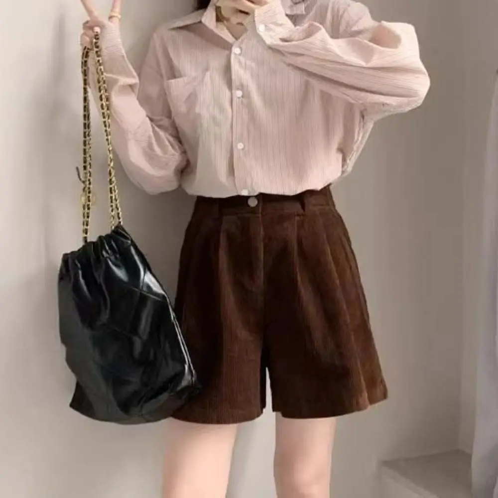 Soft High Waist Women Corduroy Shorts Stripe Elastic Wide Leg Short Pants Two Pockets Large Size Loose Streetwear Autumn Winter
