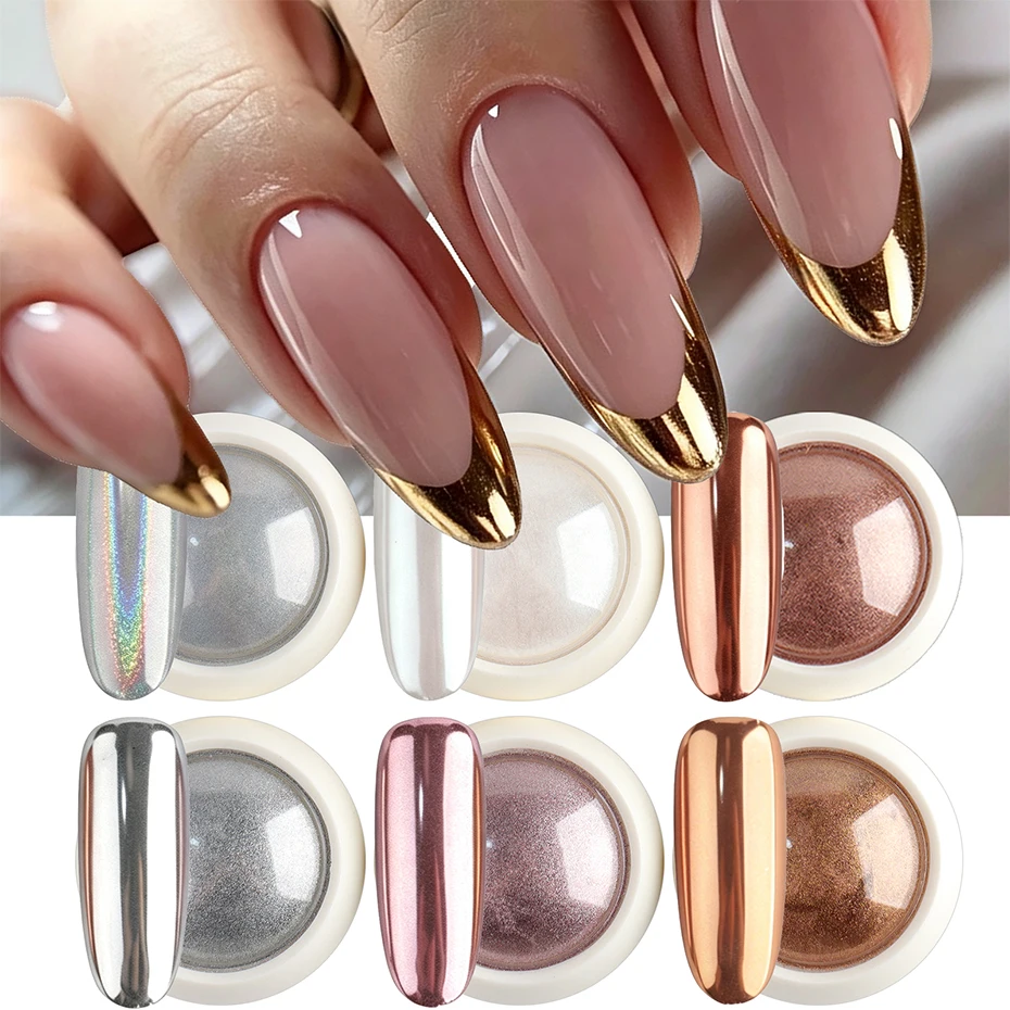 6pcs Mirror Chrome Nail Powder Holographic Gold Silver Mirror Dust Pearl White Metallic Pigment Powder Nail Glitter Manicure