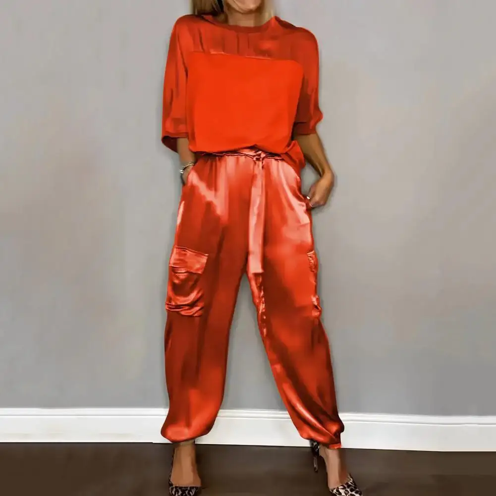 

Solid Color Suit Set Elegant Satin Women's Pantsuit Set with Lace-up Detailing Pockets Stylish O Neck Top Trouser for Casual