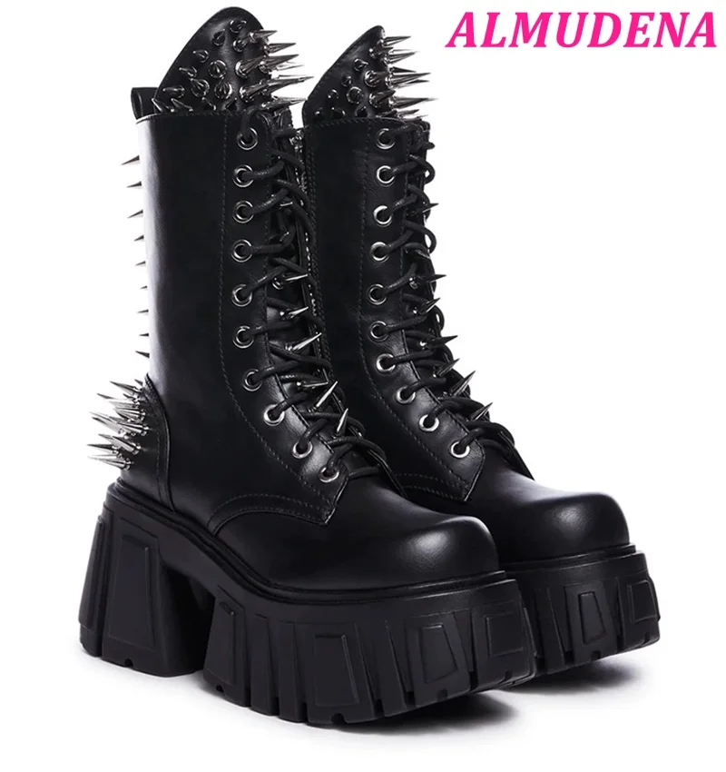 Black Spike Platform Leather Boots Studded Cool Punk Chunky Heel Lace up High Heels Mid Calf Boots Big Size Lolita Design Shoes