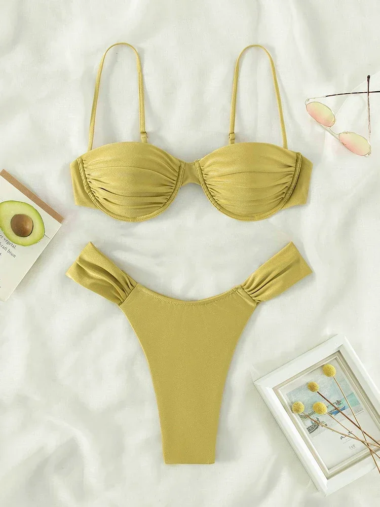 UETEEY 2024 Summer Swimsuit 2 Pieces New Beachwear Female Biquinis Bathing Suit Women Sexy Solid Swimwear Pleated Bikini Set