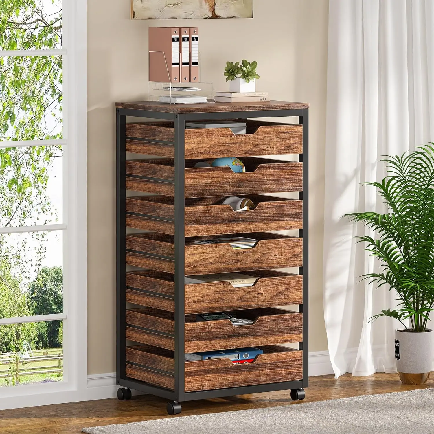 

7-Drawer File Cabinet, Wood Mobile Storage Drawer Unit, Industrial Office Cabinet with Drawers & Wheels, Rolling Printer Stand